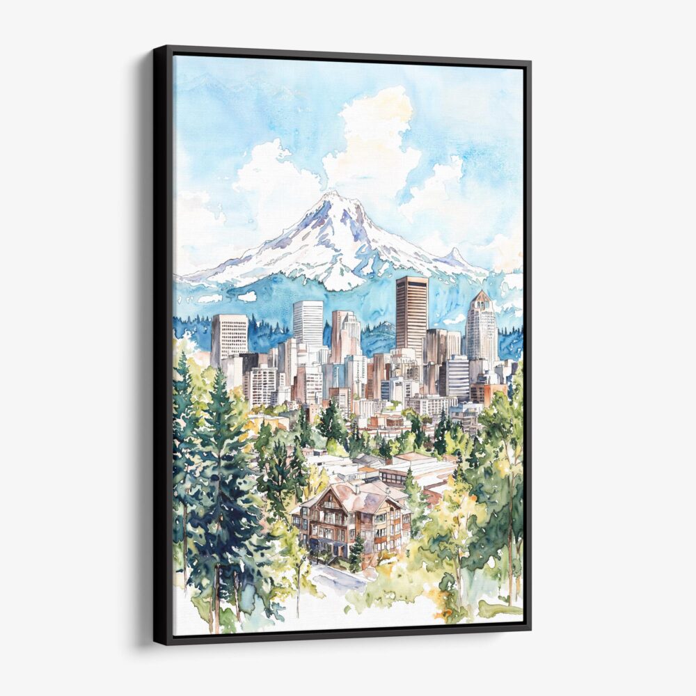 01 - Framed Portland Oregon Watercolor Canvas Print - Vertical - Main.jpg