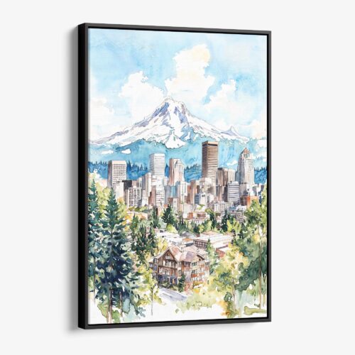 01 - Framed Portland Oregon Watercolor Canvas Print - Vertical - Main.jpg