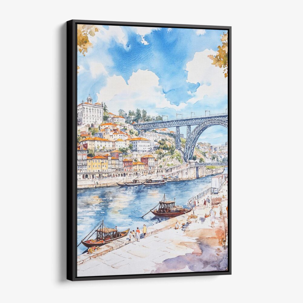 01 - Framed Porto Ribeira with Dom Luis Bridge Watercolor Canvas Print - Vertical - Main.jpg