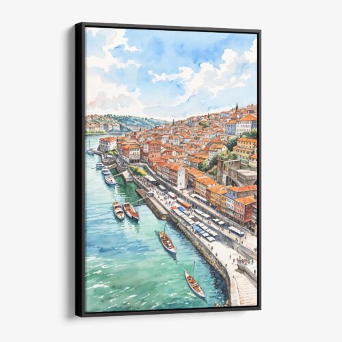 01 - Framed Porto Skyline Watercolor Canvas Print - Vertical - Main.jpg