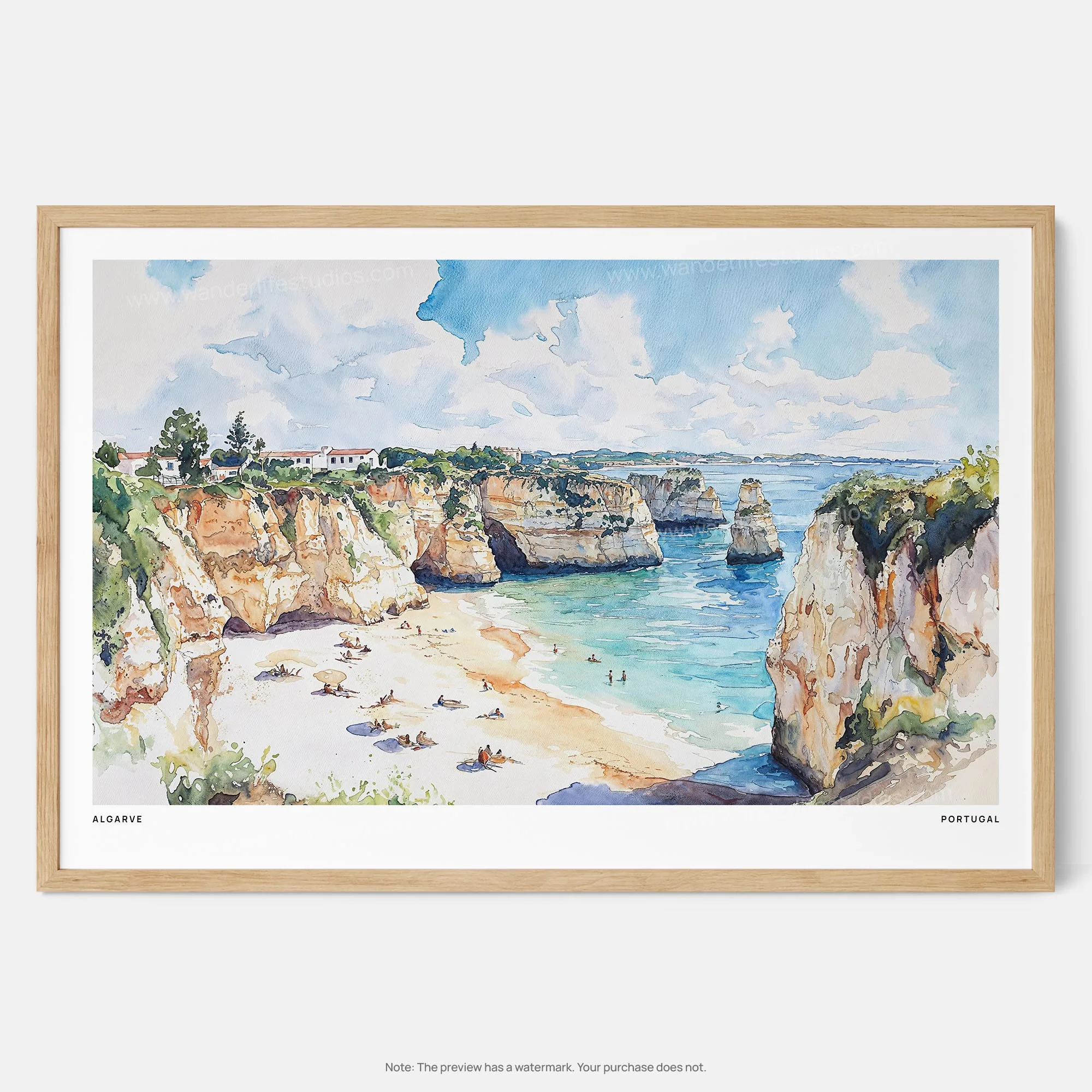 Portugal Algarve Watercolor Art Print – Coastal Landscape Wall Art