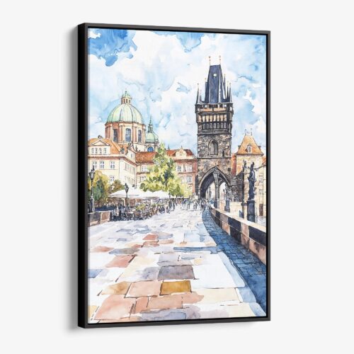 01 - Framed Prague Charles Bridge Watch Tower- Watercolor Canvas Print - Vertical - Main.jpg