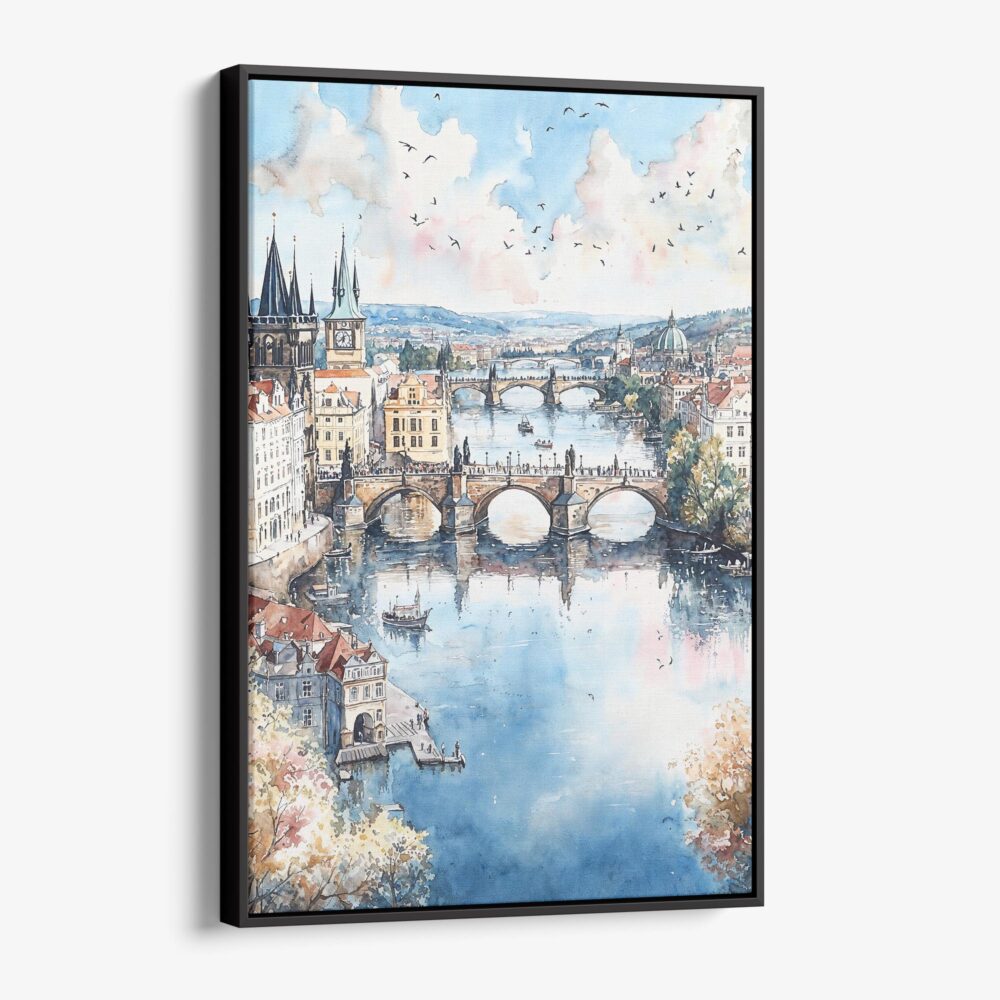 01 - Framed Prague Skyline - Watercolor Canvas Print - Vertical - Main.jpg