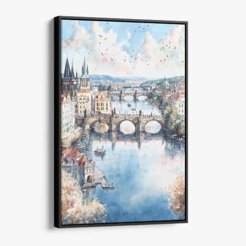 01 - Framed Prague Skyline - Watercolor Canvas Print - Vertical - Main.jpg