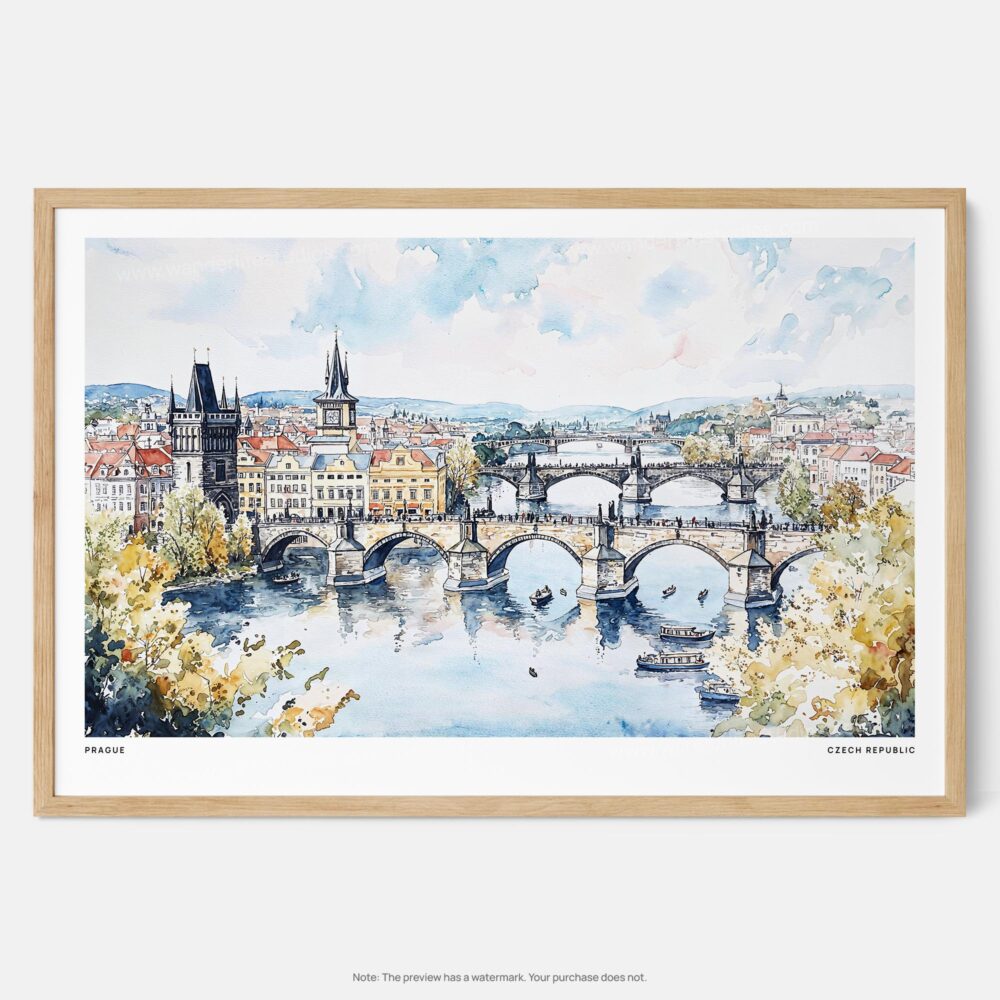 01 - Framed Prague Skyline Watercolor - Horizontal Art Print - Main.jpg 01 - Framed Prague Skyline Watercolor - Horizontal Art Print - Main.jpg