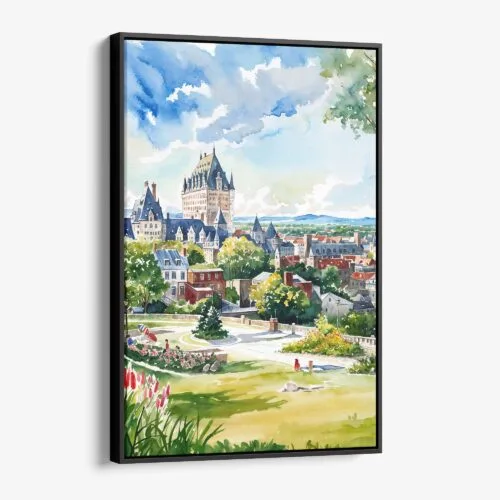 01 - Framed Quebec Château Frontenac Watercolor Canvas Print - Vertical - Main.jpg