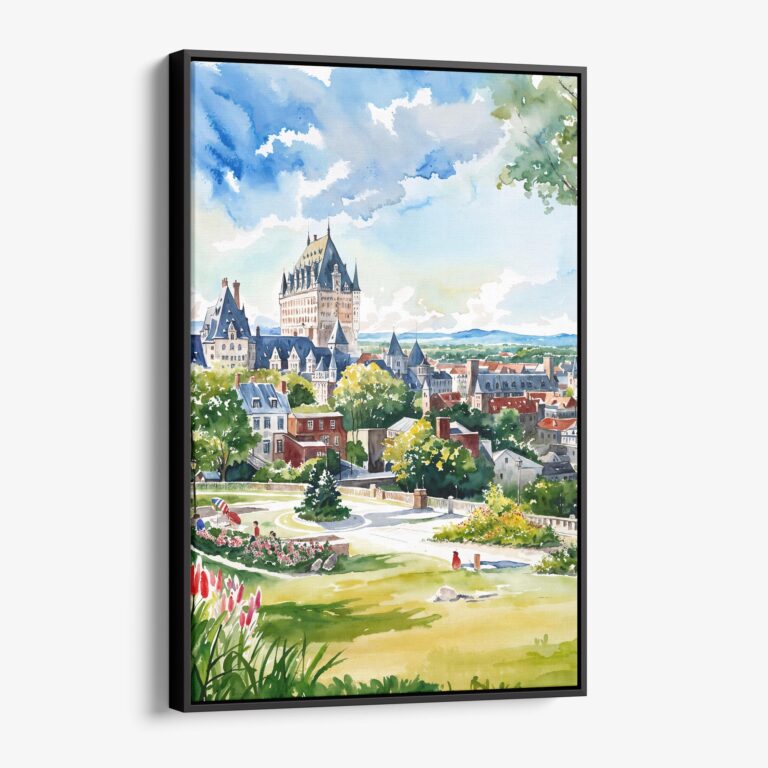 01 - Framed Quebec Château Frontenac Watercolor Canvas Print - Vertical - Main.jpg