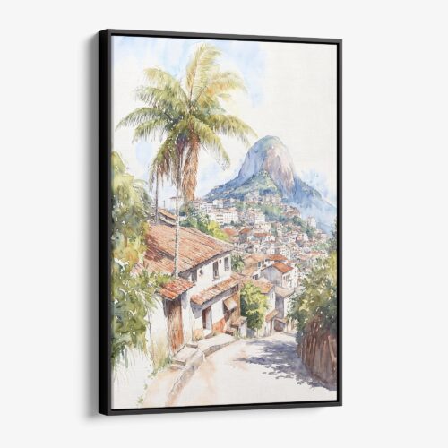 01 - Framed Rio De Janeiro Rocinha Favela Watercolor Canvas Print - Vertical - Main.jpg