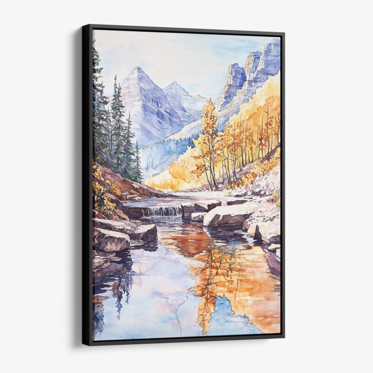 01 - Framed Rocky Mountains Canada Watercolor Canvas Print - Vertical - Main.jpg