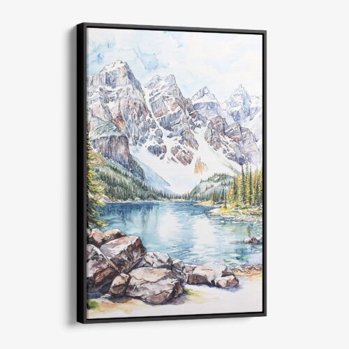 01 - Framed Rocky Mountains Valley of the Ten Peaks Watercolor Canvas Print - Vertical - Main.jpg
