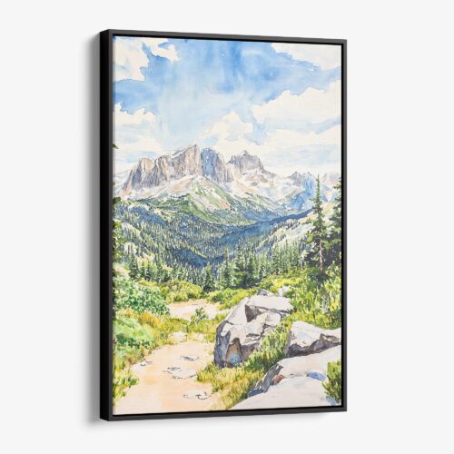 01 - Framed Rocky Mountains Watercolor Canvas Print - Vertical - Main.jpg
