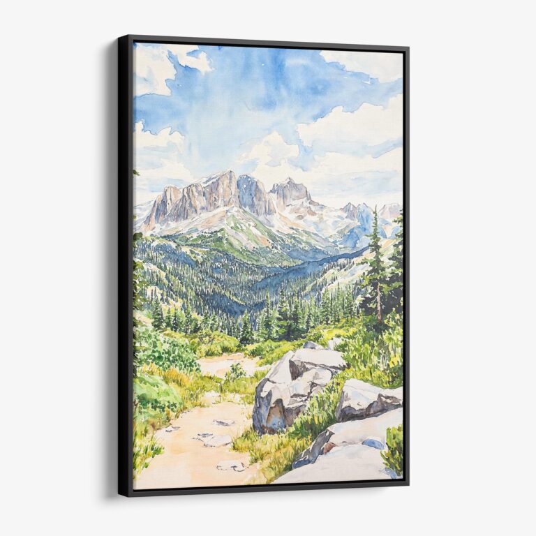01 - Framed Rocky Mountains Watercolor Canvas Print - Vertical - Main.jpg