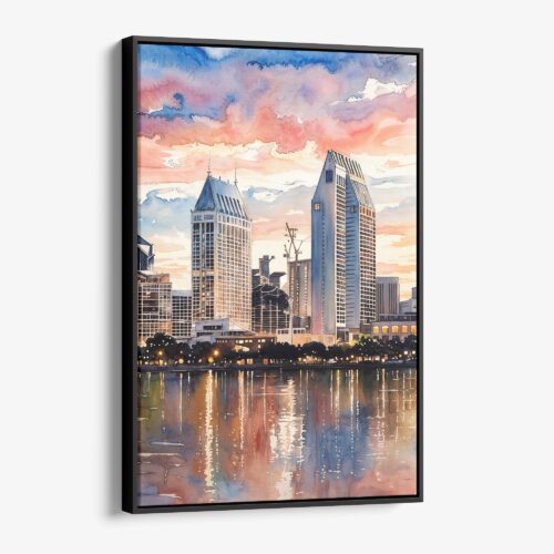 01 - Framed San Diego Skyline Watercolor Canvas Print - Vertical - Main.jpg