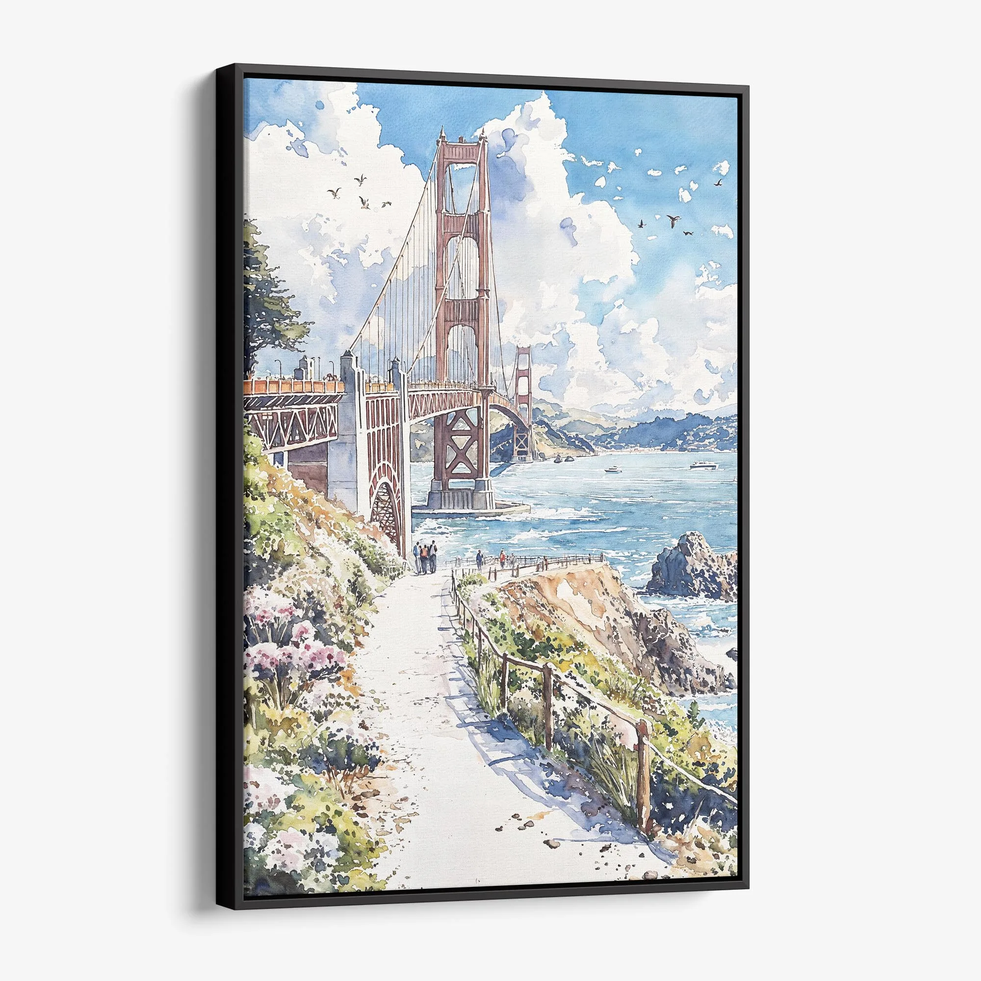 Golden Gate Bridge Watercolor Canvas Print - San Francisco Coastal Artwork