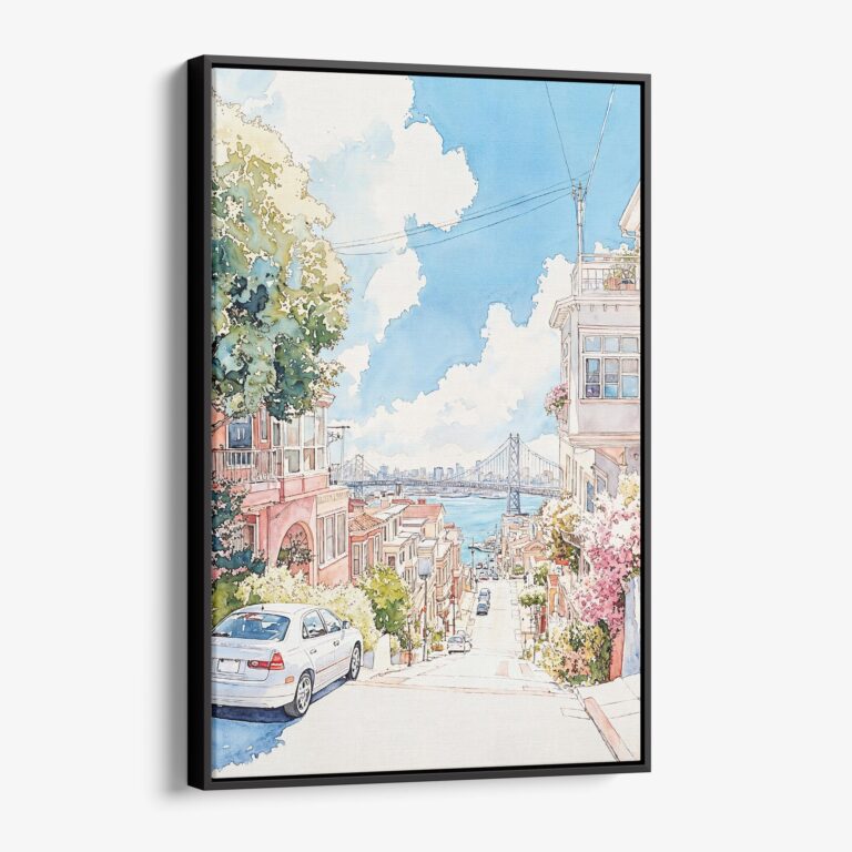 01 - Framed San Francisco Lombard Street - Watercolor Canvas Print - Vertical - Main.jpg