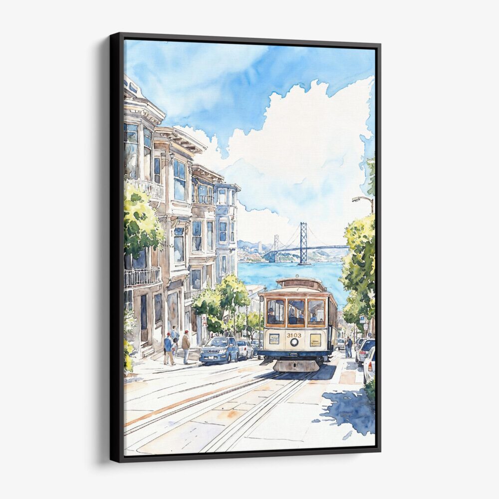 01 - Framed San Francisco Tram - Watercolor Canvas Print - Vertical - Main.jpg