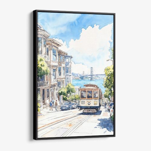 01 - Framed San Francisco Tram - Watercolor Canvas Print - Vertical - Main.jpg