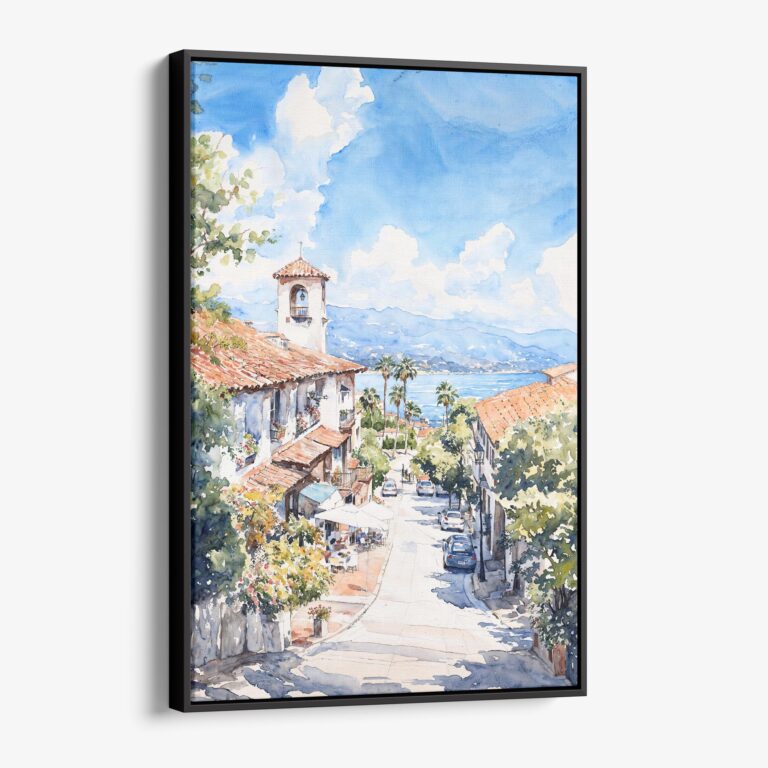 01 - Framed Santa Barbara California Watercolor Canvas Print - Vertical - Main.jpg