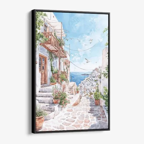 01 - Framed Santorini - Watercolor Canvas Print - Vertical - Main.jpg