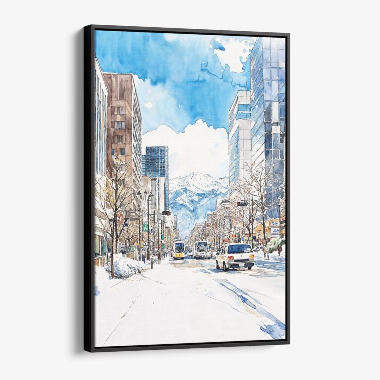 01 - Framed Sapporo City - Watercolor Canvas Print - Vertical - Main.jpg