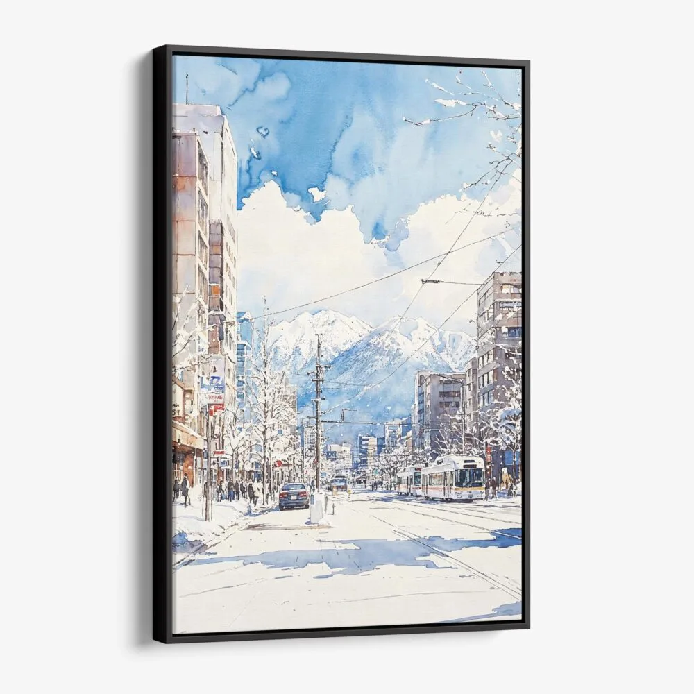 01 - Framed Sapporo Japan Watercolor Canvas Print - Vertical - Main.jpg