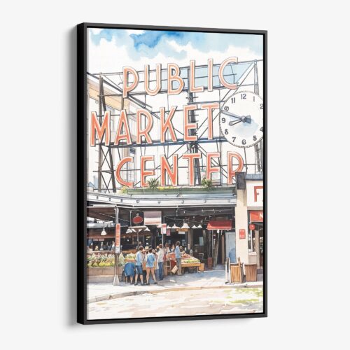 01 - Framed Seattle Pike Place Market Watercolor Canvas Print - Vertical - Main.jpg
