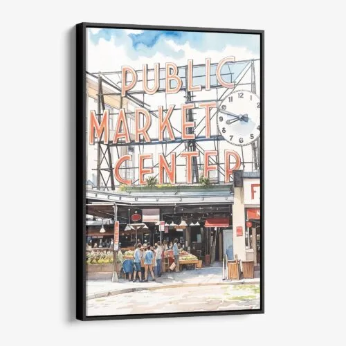 01 - Framed Seattle Pike Place Market Watercolor Canvas Print - Vertical - Main.jpg