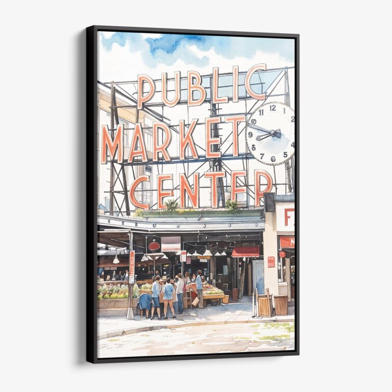 01 - Framed Seattle Pike Place Market Watercolor Canvas Print - Vertical - Main.jpg