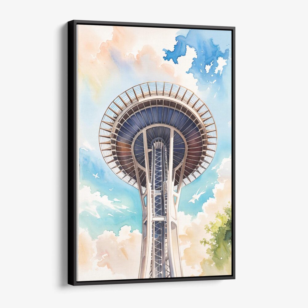 01 - Framed Seattle Space Needle Closeup Watercolor Canvas Print - Vertical - Main.jpg 01 - Framed Seattle Space Needle Closeup Watercolor Canvas Print - Vertical - Main.jpg