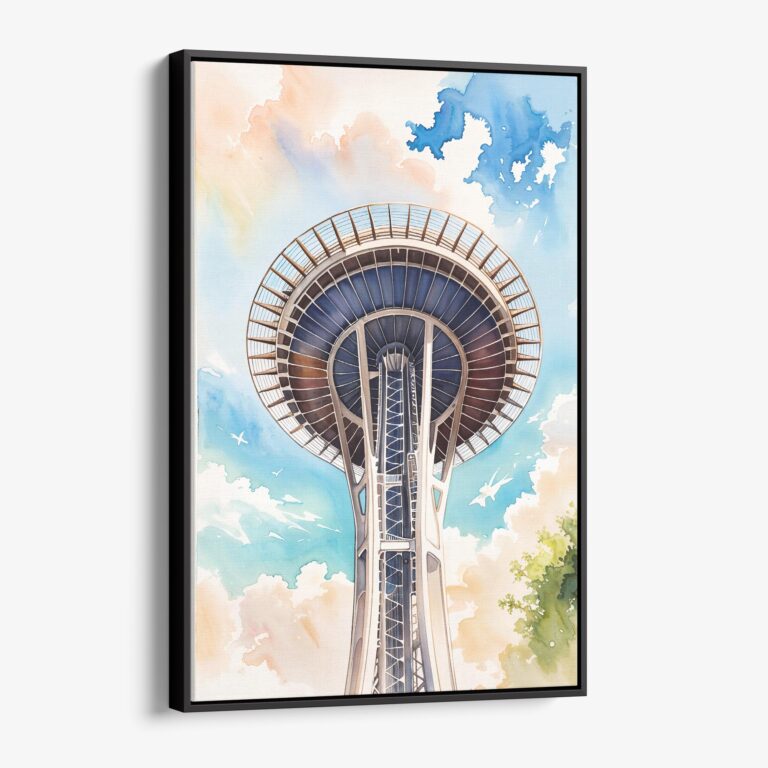 01 - Framed Seattle Space Needle Closeup Watercolor Canvas Print - Vertical - Main.jpg