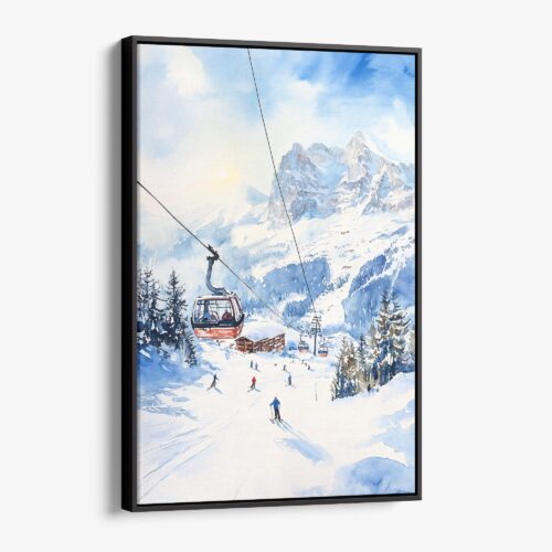 01 - Framed Skiing in Grindelwald Watercolor Canvas Print - Vertical - Main.jpg