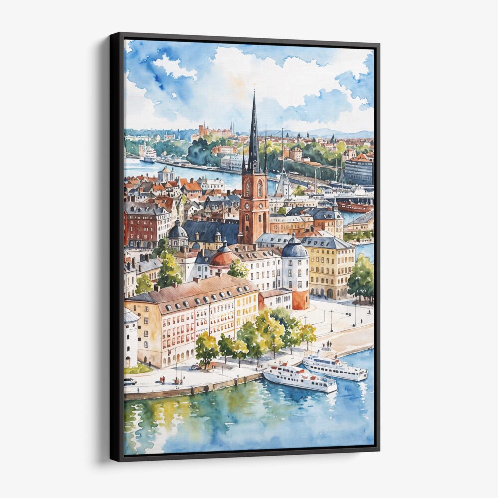 01 - Framed Stockholm Skyline Watercolor Canvas Print - Vertical - Main.jpg