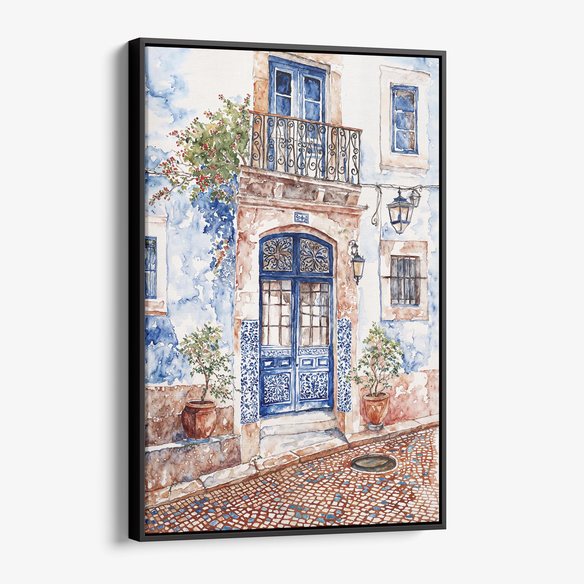 01 - Framed Streets of Lisbon Portugal Watercolor Canvas Print - Vertical - Main.jpg