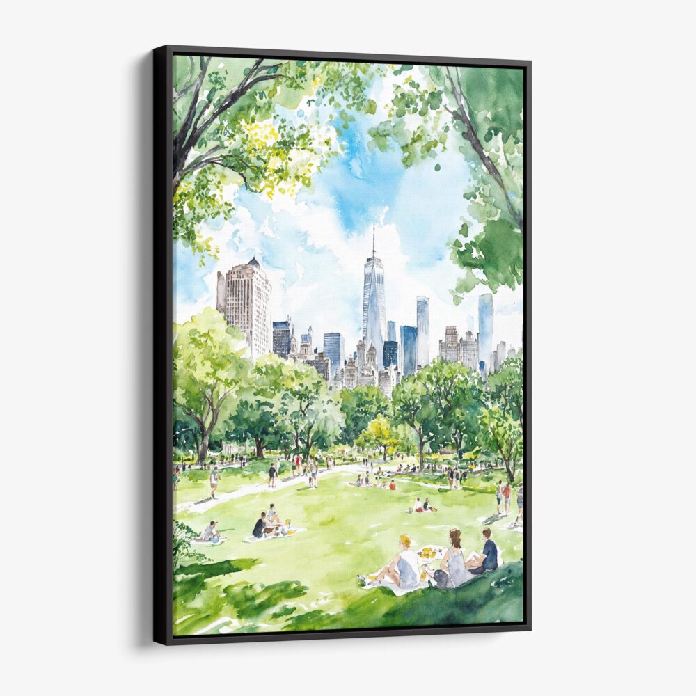 01 - Framed Summer in New York Central Park Watercolor Canvas Print - Vertical - Main.jpg