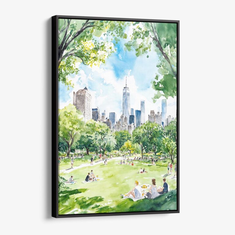 01 - Framed Summer in New York Central Park Watercolor Canvas Print - Vertical - Main.jpg