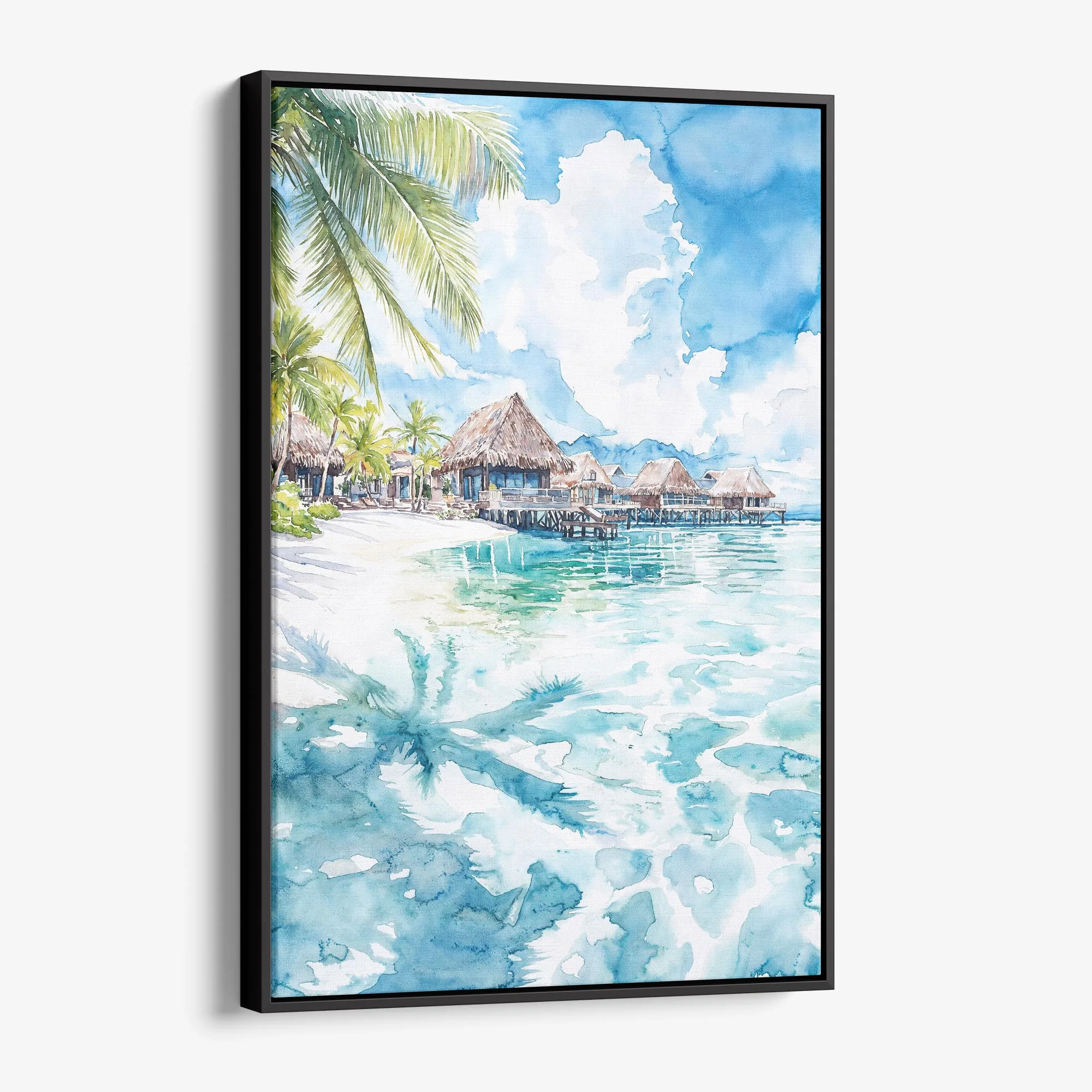 Framed Tahiti Watercolor Canvas Print – Tropical Beach Scene