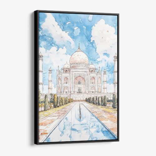 01 - Framed Taj Mahal Vibrant Watercolor Canvas Print - Vertical - Main.jpg