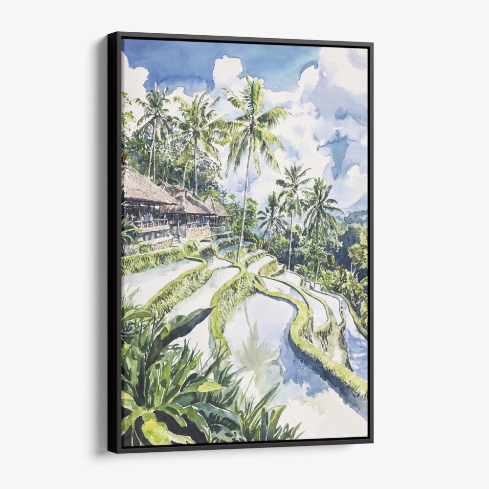 01 - Framed Tegallalang Rice Terrace Ubud Bali Watercolor Canvas Print - Vertical - Main.jpg