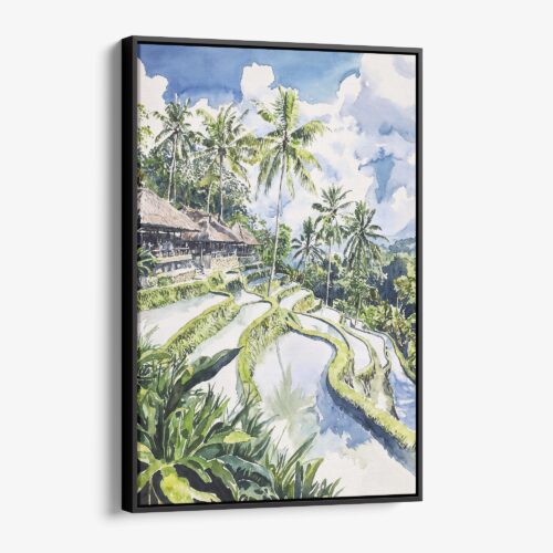 01 - Framed Tegallalang Rice Terrace Ubud Bali Watercolor Canvas Print - Vertical - Main.jpg