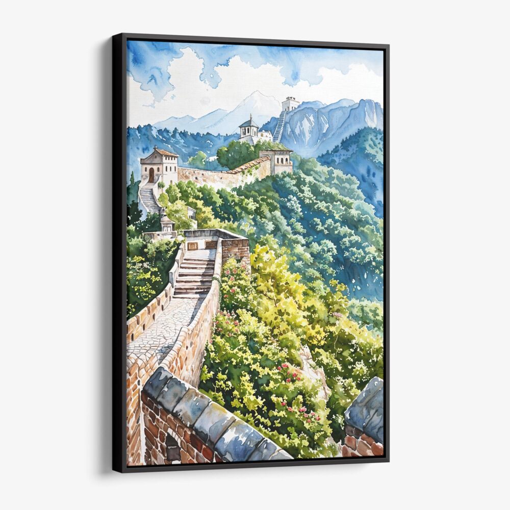 01 - Framed The Great Wall of China Watercolor Canvas Print - Vertical - Main.jpg