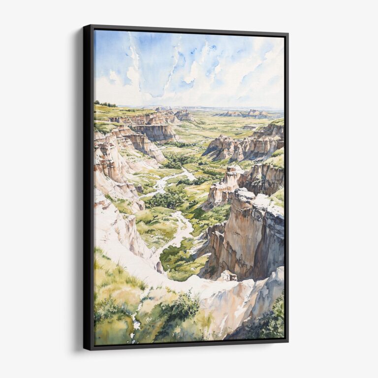 01 - Framed Theodore Roosevelt National Park Watercolor Canvas Print - Vertical - Main.jpg