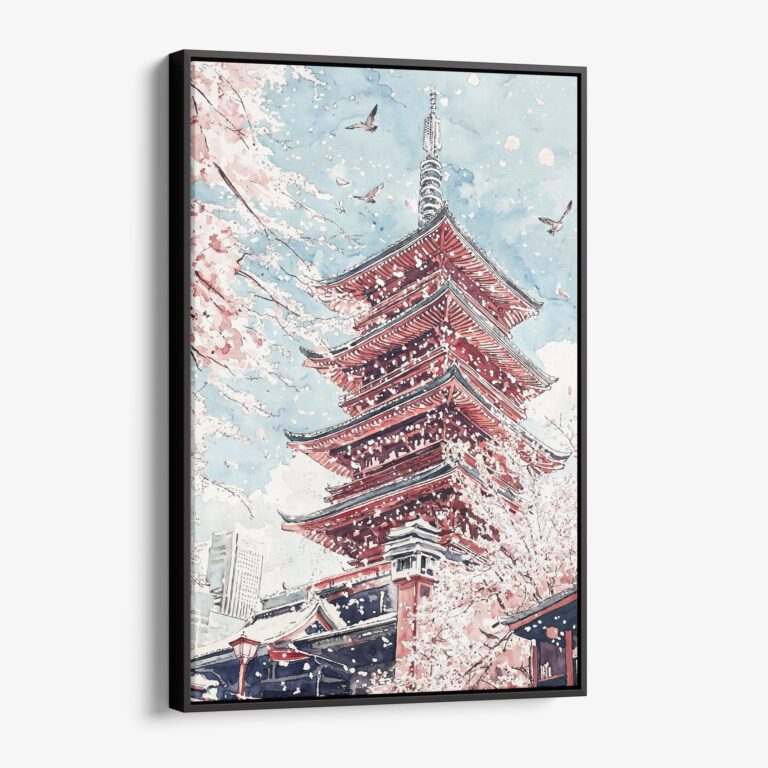 01 - Framed Tokyo Sakura - Watercolor Canvas Print - Vertical - Main.jpg