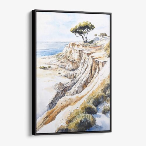 01 - Framed Torrey Pines San Diego Watercolor Canvas Print - Vertical - Main.jpg