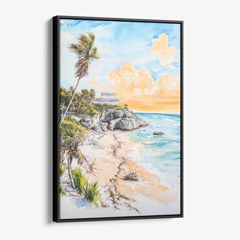 01 - Framed Tulum Mexico Watercolor Canvas Print - Vertical - Main.jpg