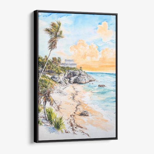 01 - Framed Tulum Mexico Watercolor Canvas Print - Vertical - Main.jpg