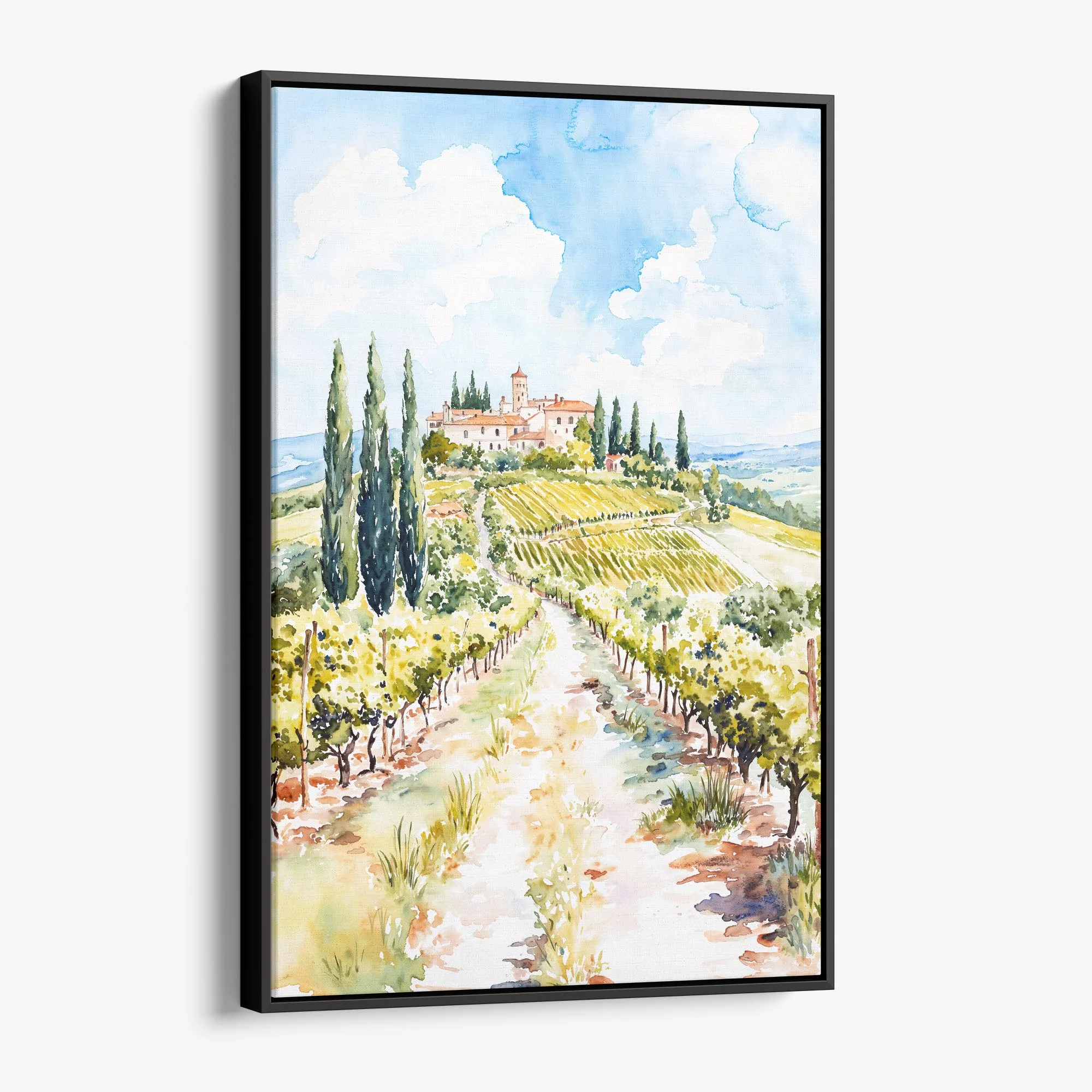 Tuscany Italy Watercolor Canvas Print – Charming Vineyard Landscape