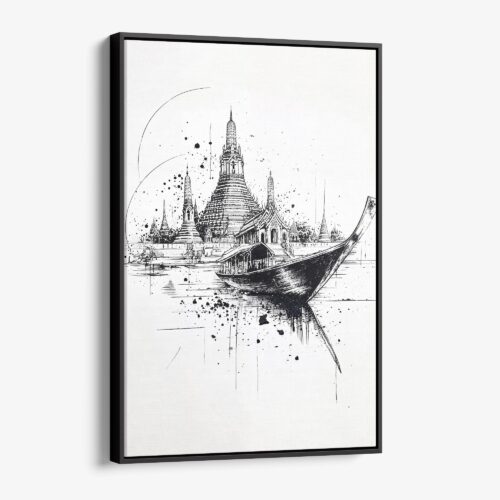 01 - Framed Wat arun with boat - Pencil drawing Canvas Print - Vertical - Main.jpg