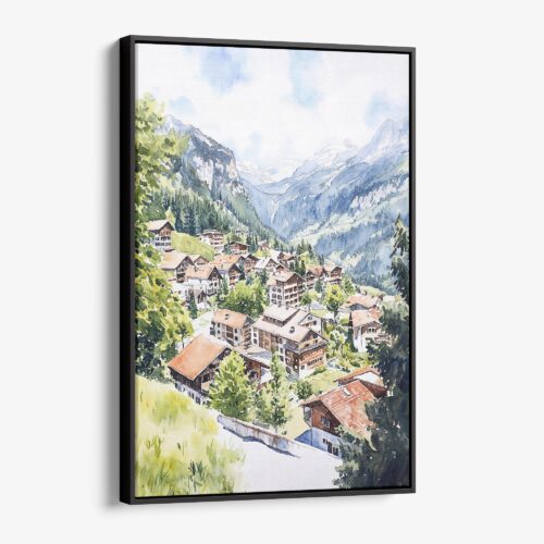 01 - Framed Wengen Switzerland Watercolor Canvas Print - Vertical - Main.jpg