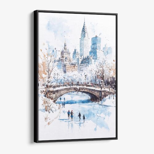 01 - Framed White Christmas Central Park New York Watercolor Canvas Print - Vertical - Main.jpg
