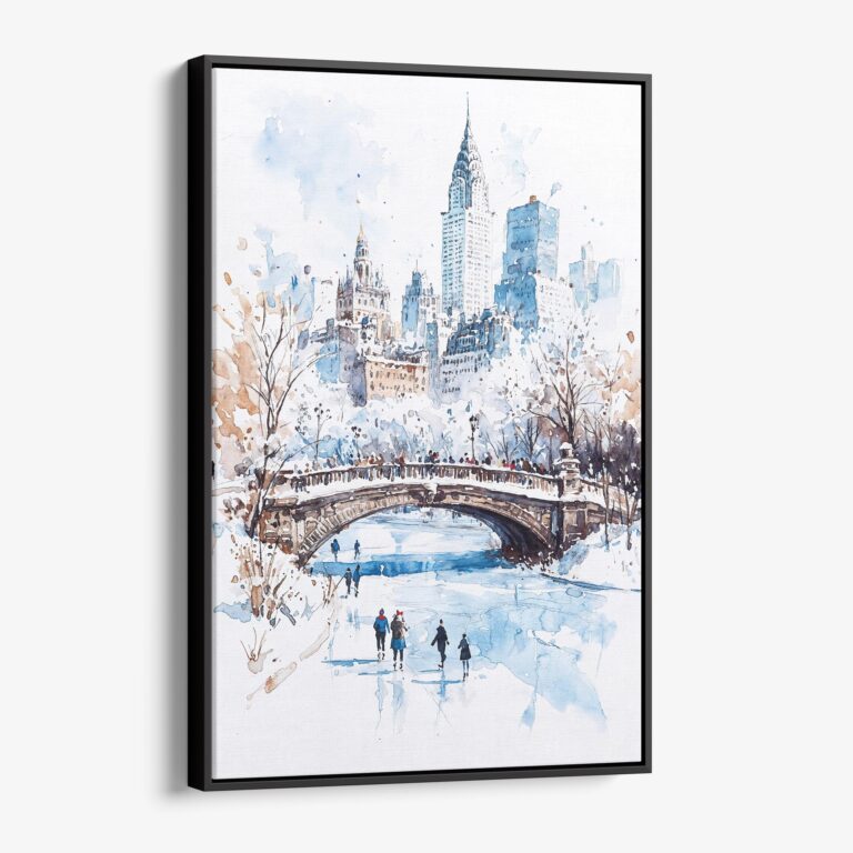 01 - Framed White Christmas Central Park New York Watercolor Canvas Print - Vertical - Main.jpg